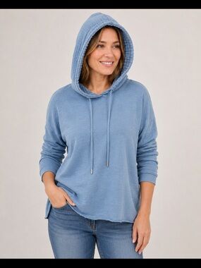 J.Jill Fit Women’s Large Blue100% Cotton Hooded Relaxed Raw Hem Oversize Top